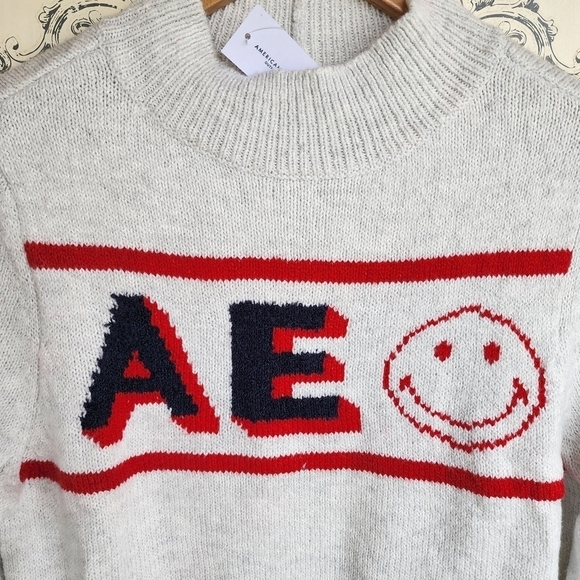 Ae | Smiley Collab Mock Neck Graphic Knit Sweater Gray Womens Small S Gray - Picture 3 of 8